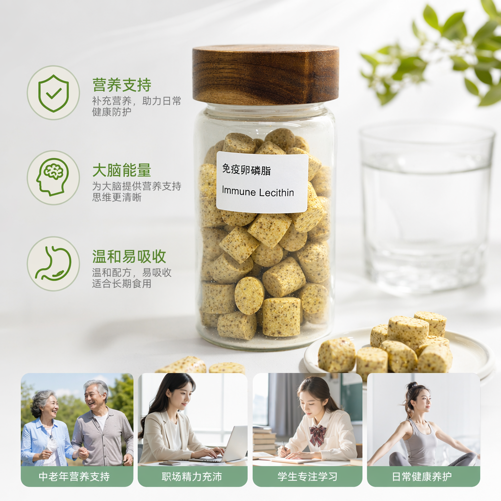Immune lecithin, transparent glass jar, wooden lid, small yellow granular squares