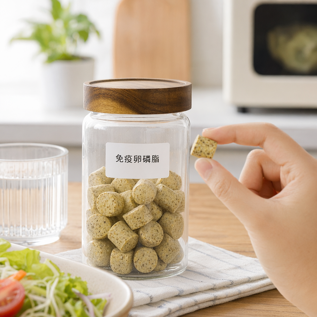 Immune lecithin, transparent glass jar, wooden lid, small yellow granular squares details Picture