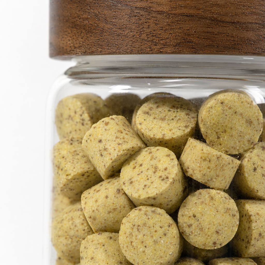 Immune lecithin, transparent glass jar, wooden lid, small yellow granular squares Application Scenario