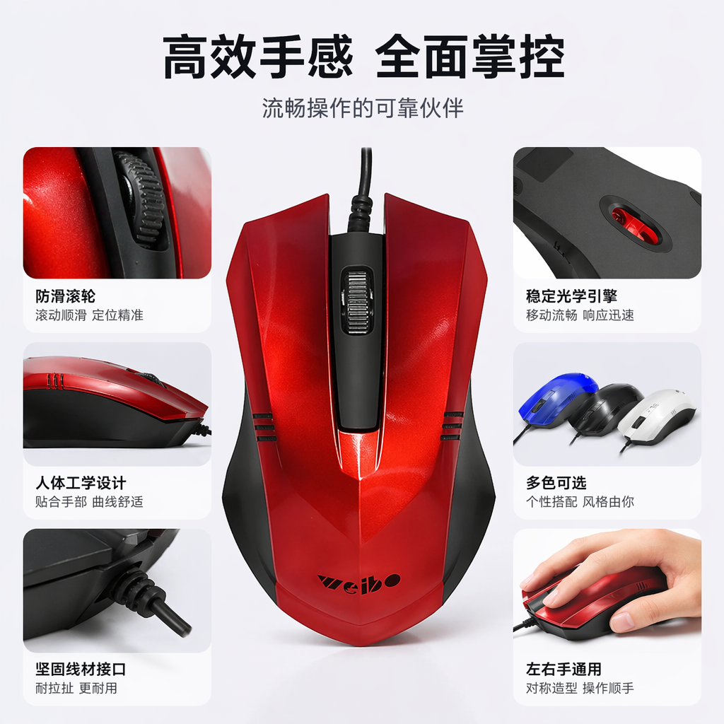 红色蓝色黑色白色鼠标 多色可选 有线办公静音鼠标