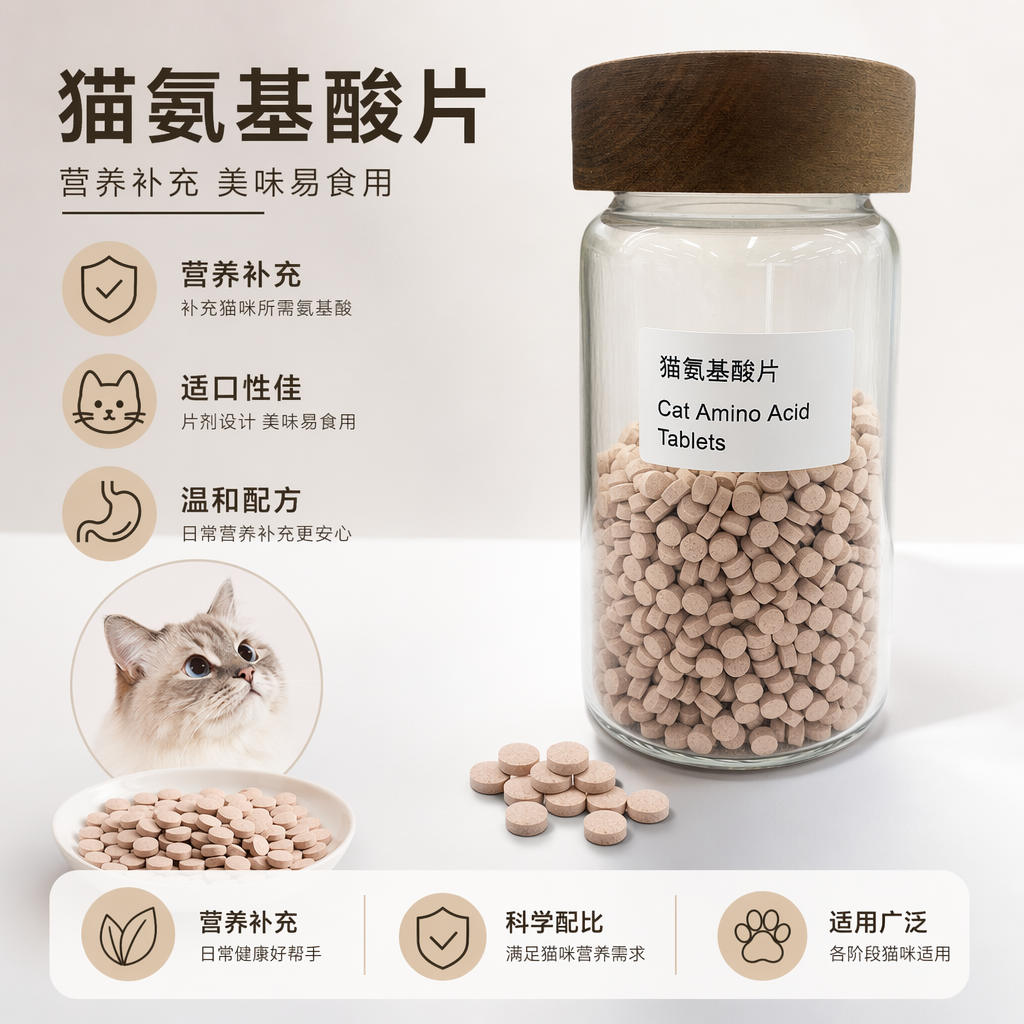 Transparent glass canned amino acid tablets for cats to supplement nutrition, beautify hair and brighten skin