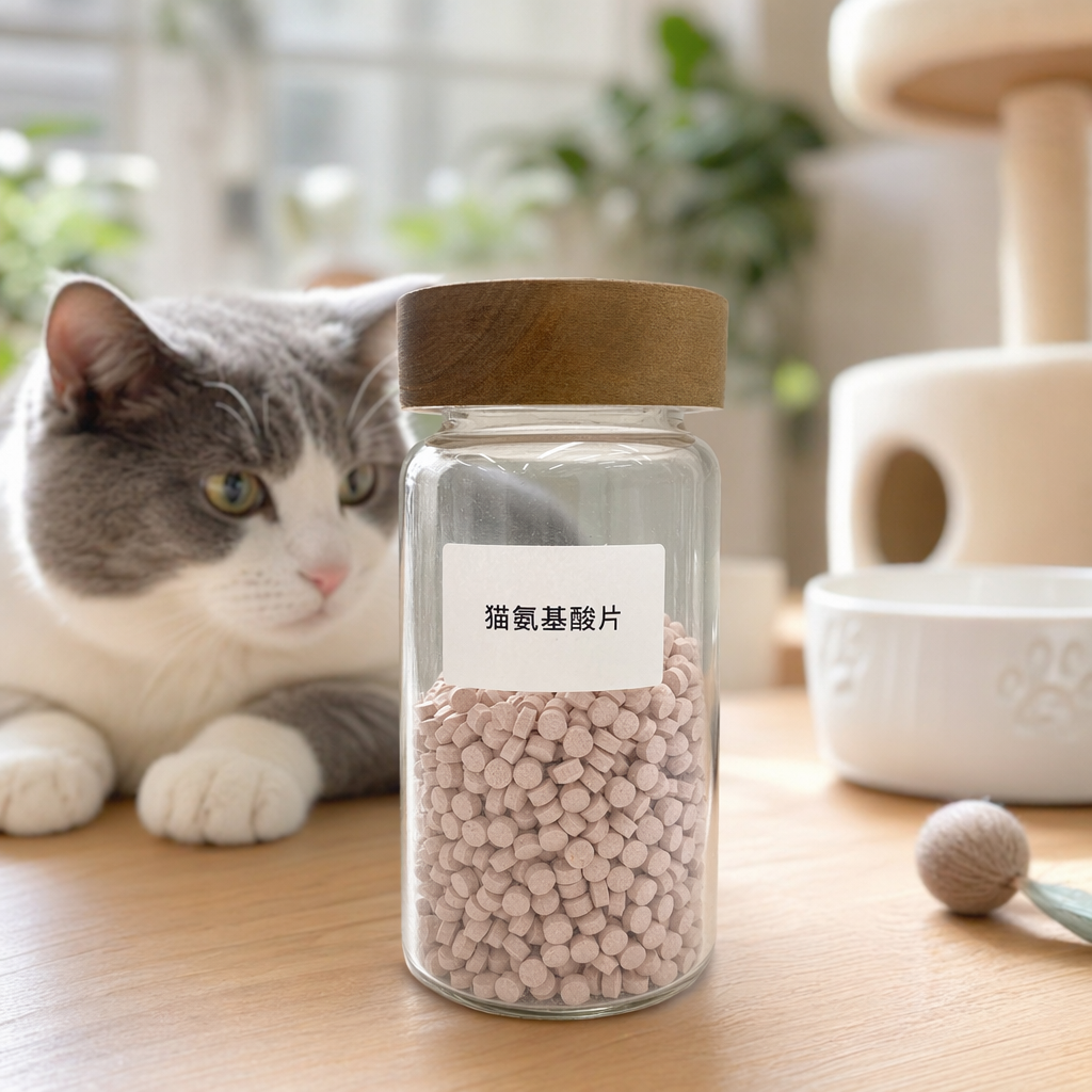 Transparent glass canned amino acid tablets for cats to supplement nutrition, beautify hair and brighten skin details Picture