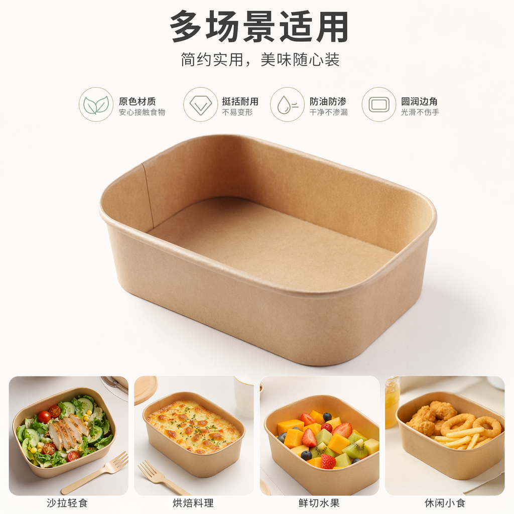 浅棕色牛皮纸方形餐盒环保食品级可定制印刷
