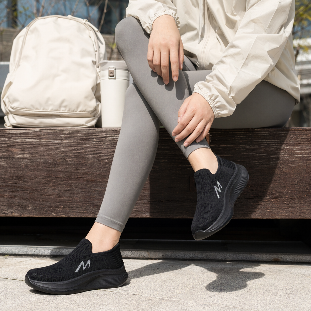 Grey, black, dark blue, light grey knitted upper sports shoes details Picture