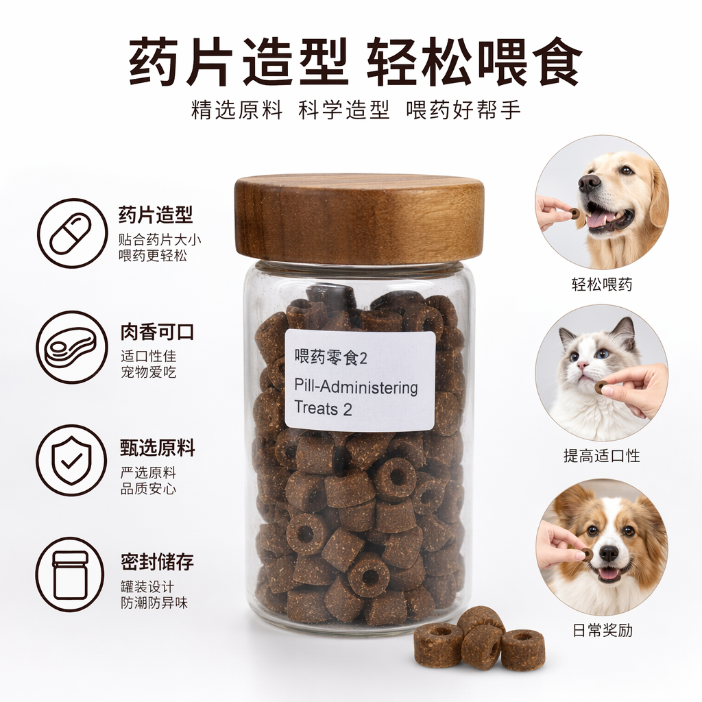 Transparent glass jars with wooden LIDS for brown ring-shaped Pill Administering Treats