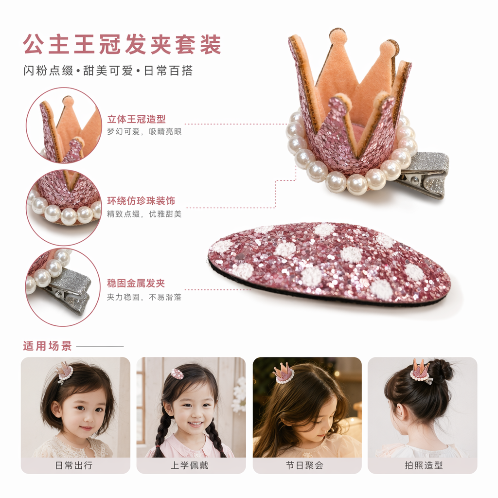 粉色亮片皇冠发夹波点亮片发卡 甜美少女头饰