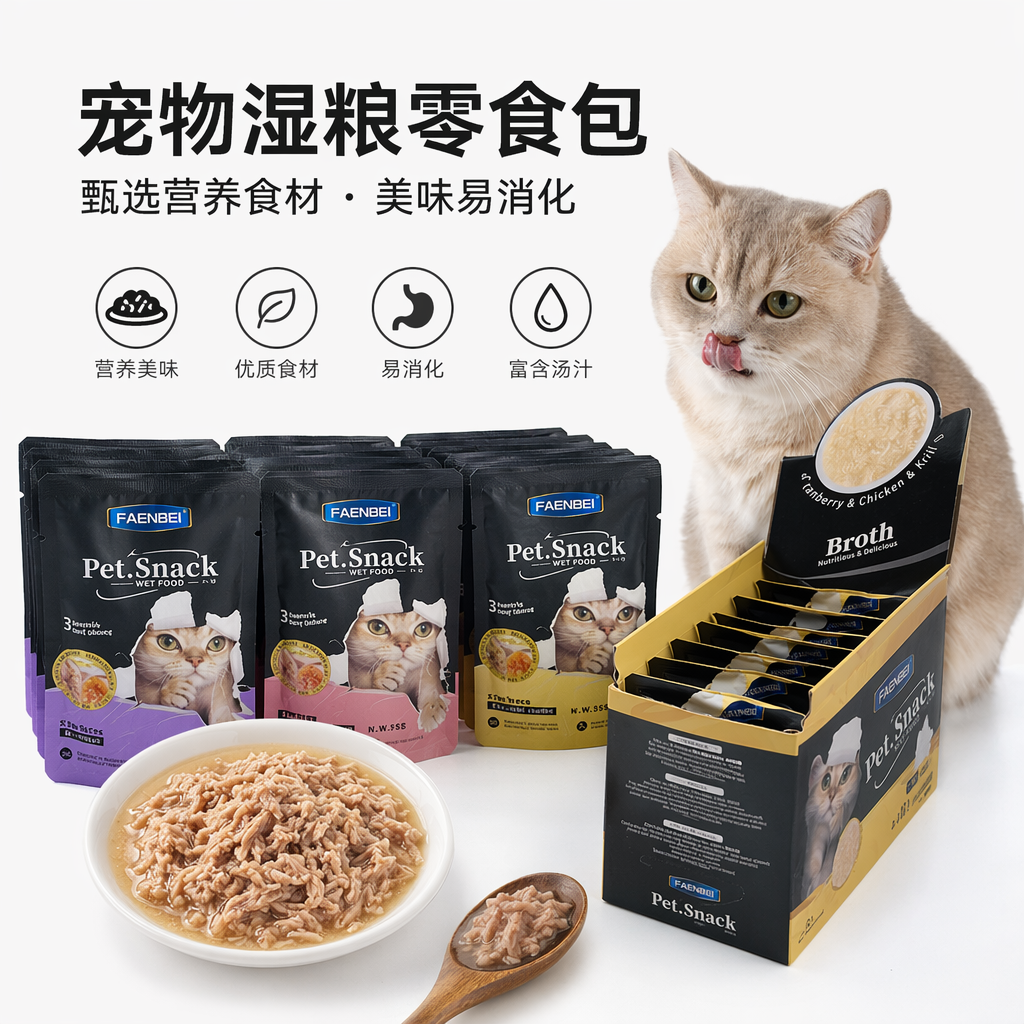 Colorful cat snack packaging box with individual small packages