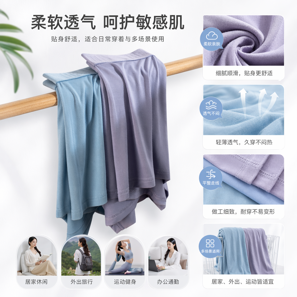 浅蓝淡紫竹浆纤维短裤 木质横杆悬挂款