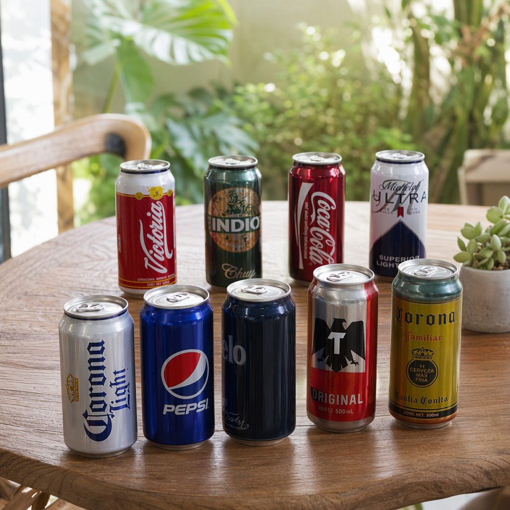 A variety of brand beverage can-shaped metal insulated cups are displayed on wooden shelves at the exhibition stand details Picture
