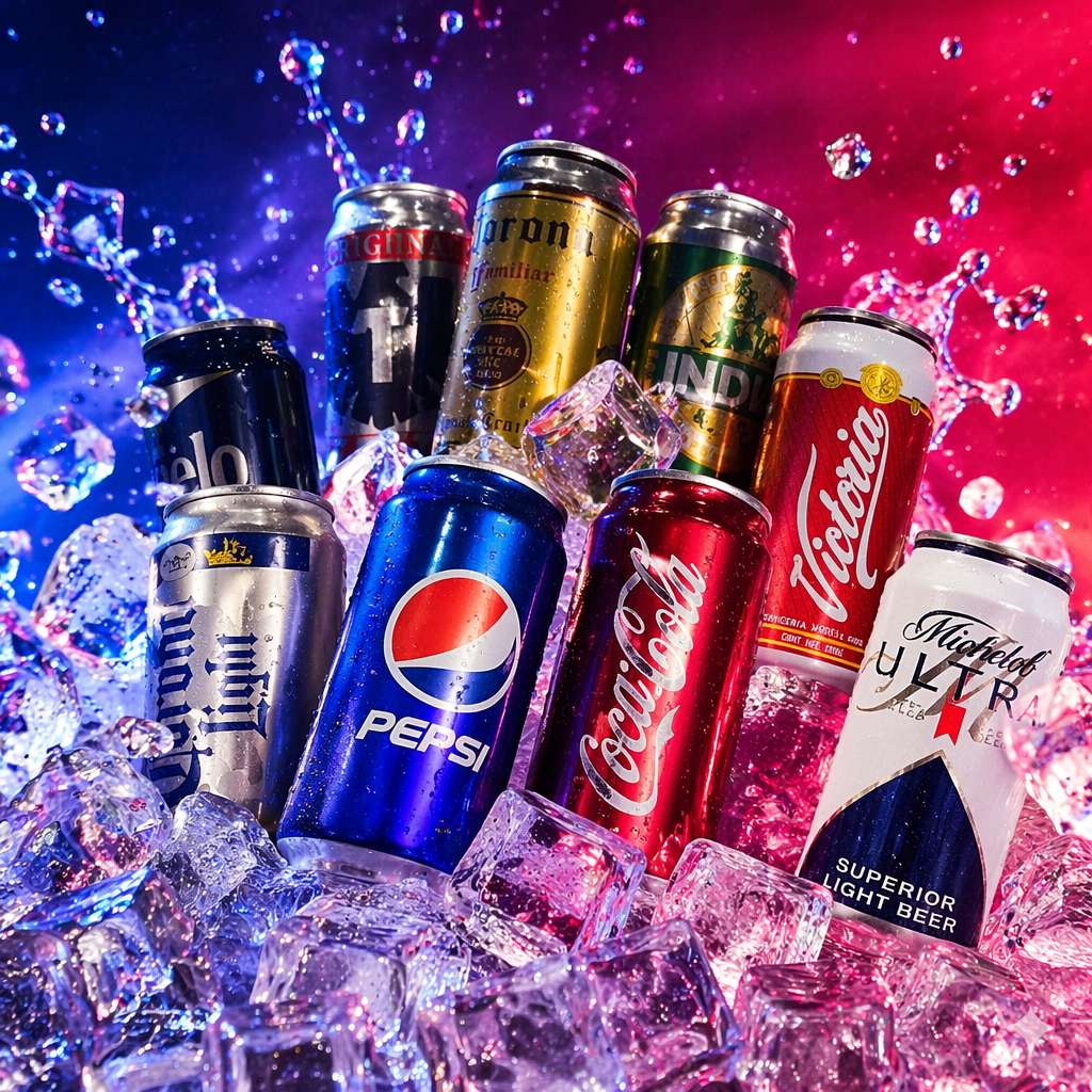 A variety of brand beverage can-shaped metal insulated cups are displayed on wooden shelves at the exhibition stand Specification image