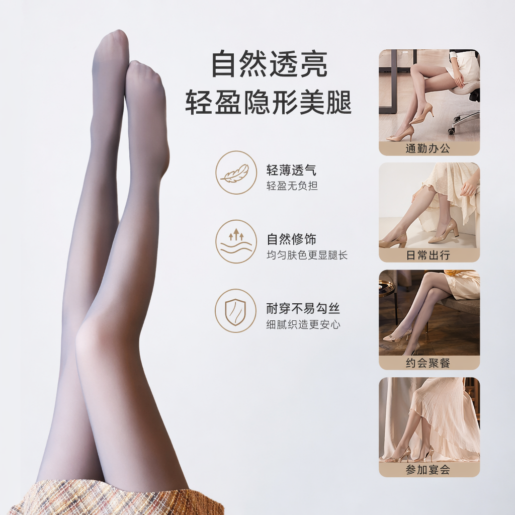灰透肤连脚袜 透气薄款女士基础打底袜