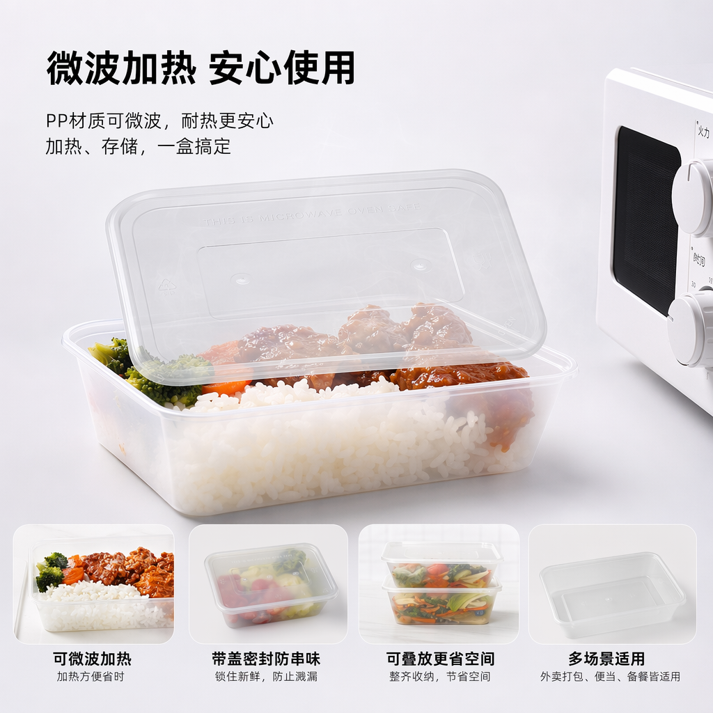 透明方形一次性打包盒 食品级PP材质 耐冷耐热 可微波
