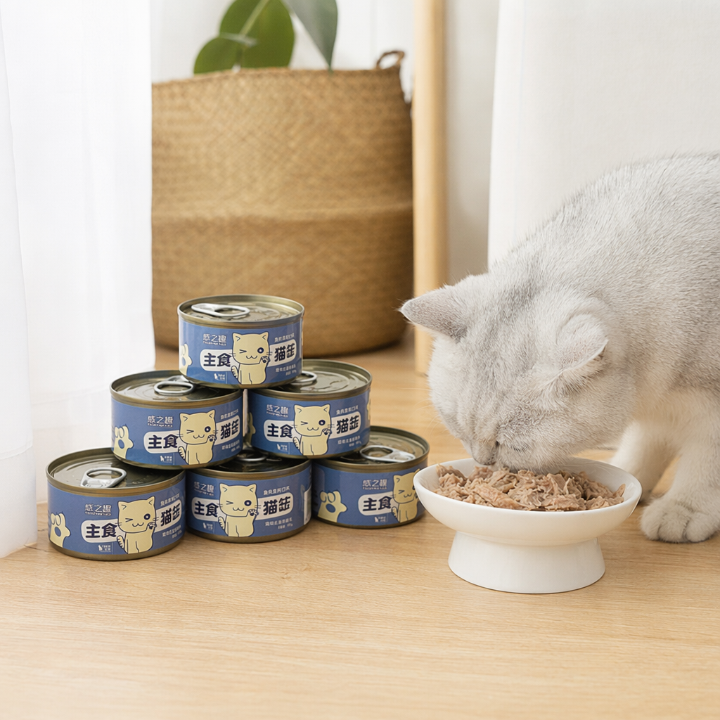 High-definition photography materials of the scene of blue cat cans stacked on glass shelves details Picture