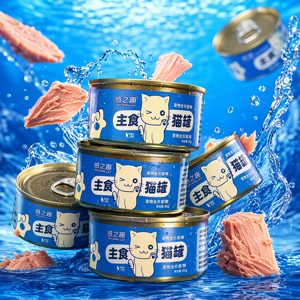 High-definition photography materials of the scene of blue cat cans stacked on glass shelves Specification image