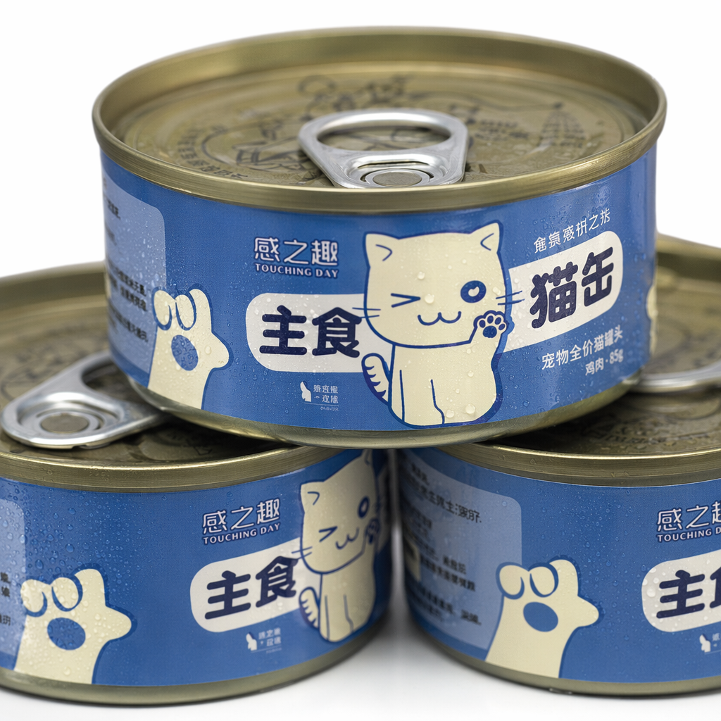 High-definition photography materials of the scene of blue cat cans stacked on glass shelves Application Scenario