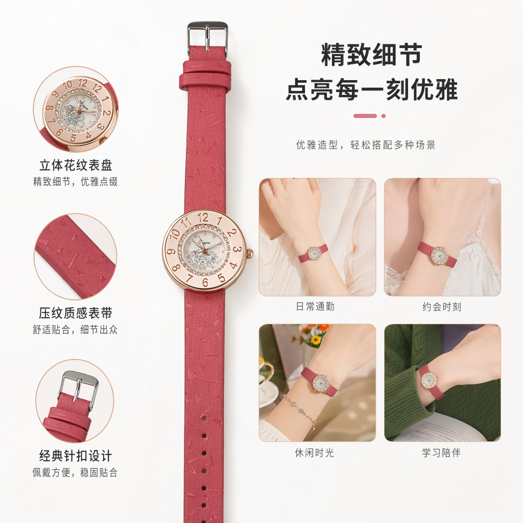 粉色表带手表女款石英表简约时尚轻奢腕表