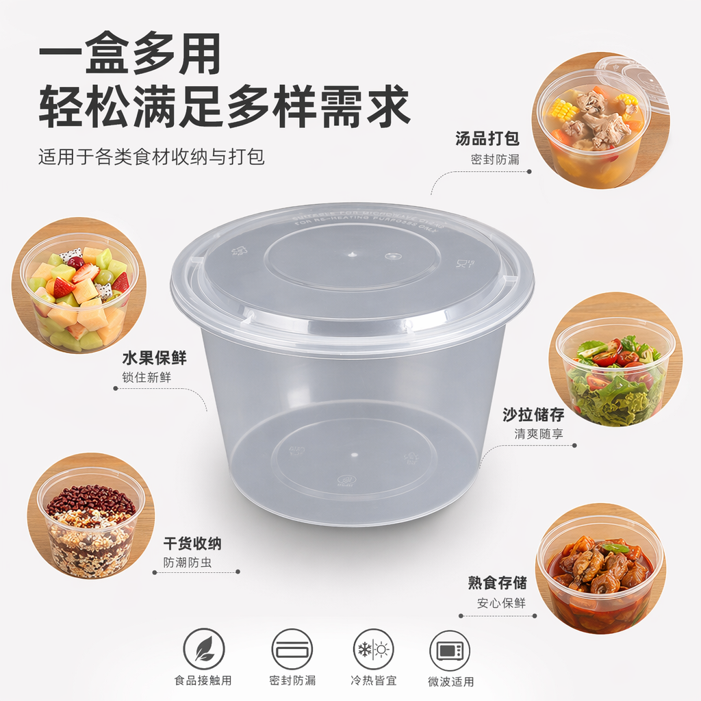 透明圆形一次性打包盒 食品级PP材质 密封防漏微波炉可用