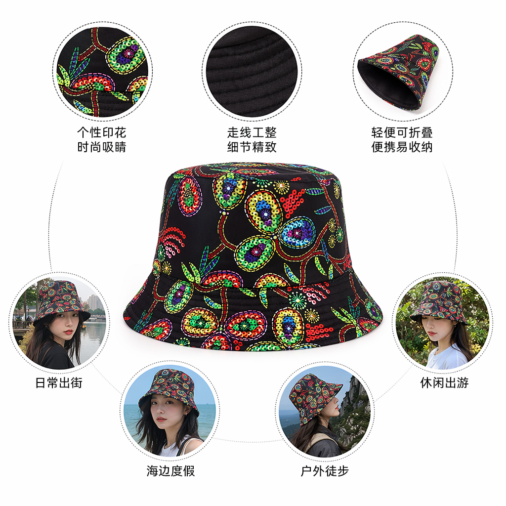黑色底彩色花卉图案渔夫帽男女通用防晒遮阳帽