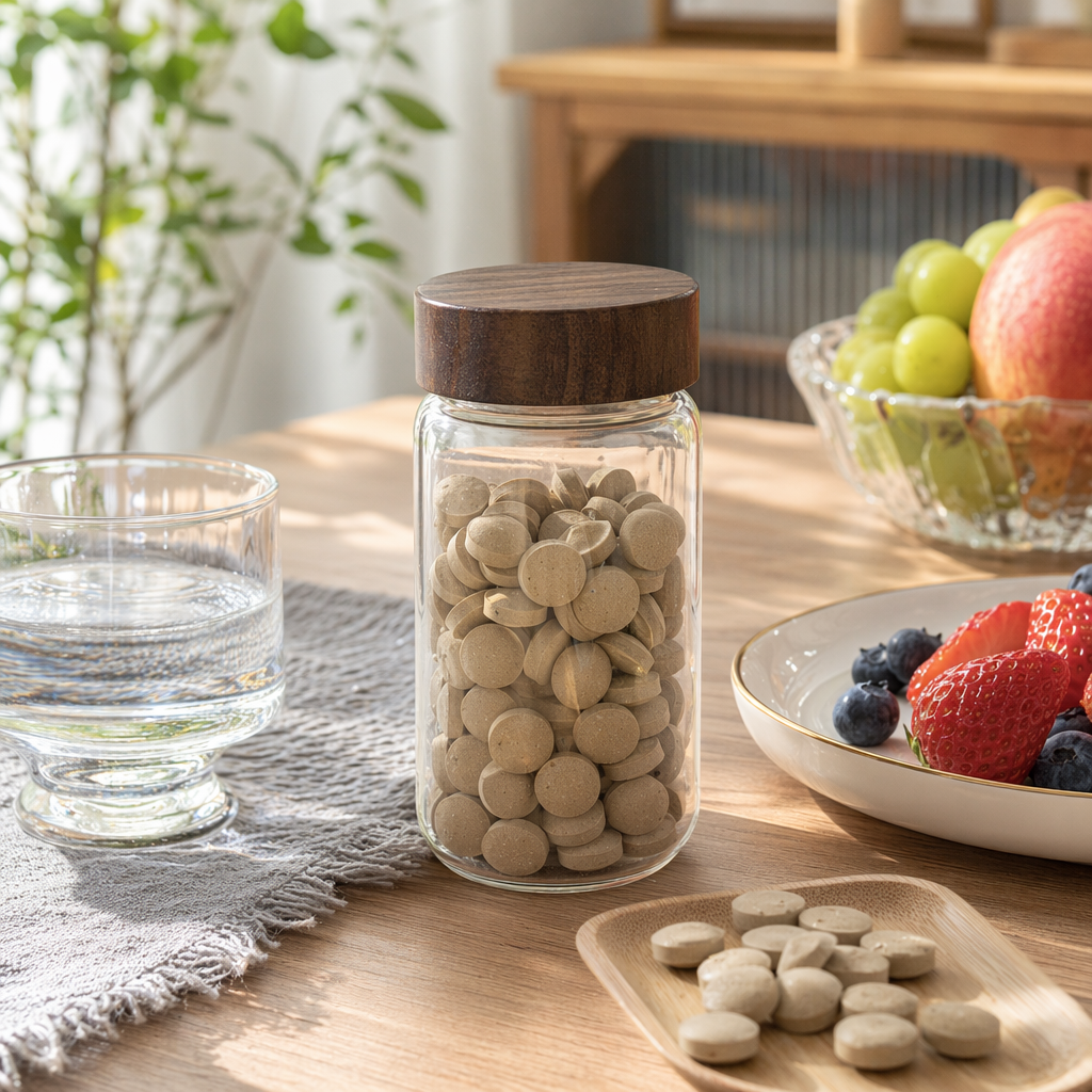 Transparent glass canned intestinal regulation tablets with wooden LIDS details Picture