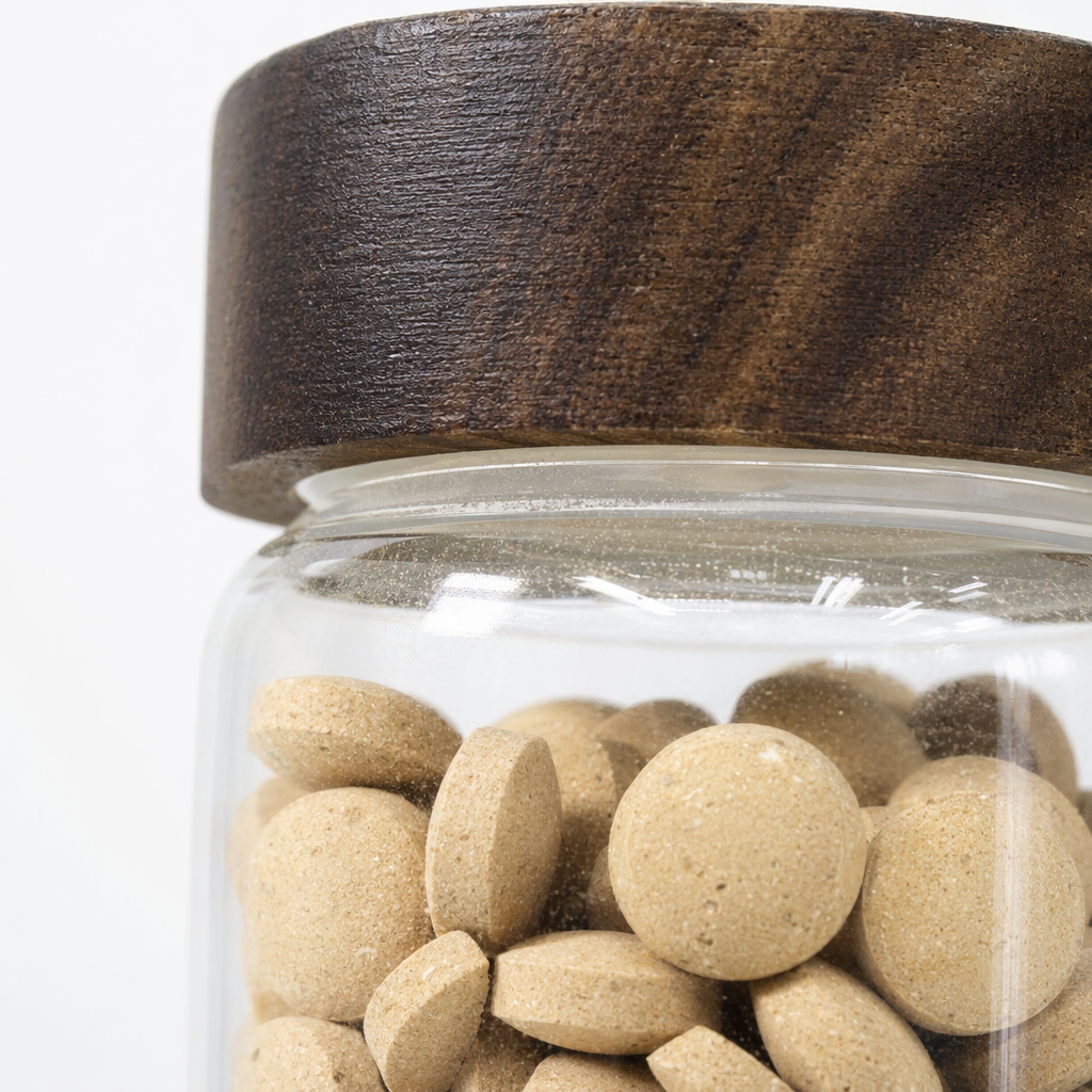 Transparent glass canned intestinal regulation tablets with wooden LIDS Application Scenario