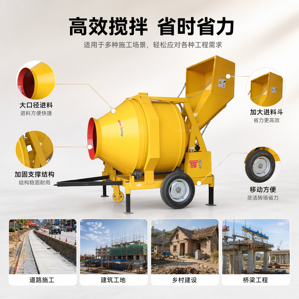 Yellow concrete mixer, small portable electric mixer, for household use in engineering construction