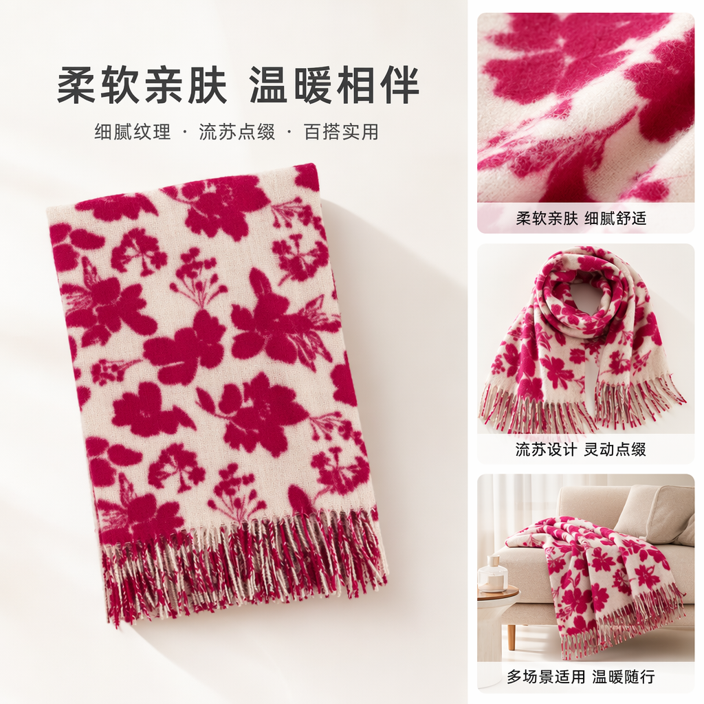 红色花卉图案纯棉围巾秋冬保暖长款女士