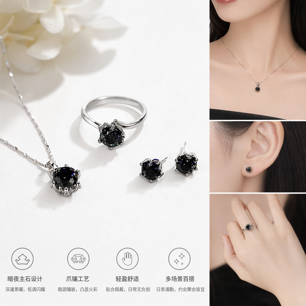 A three-piece all-silver set of necklace, ring and stud earrings