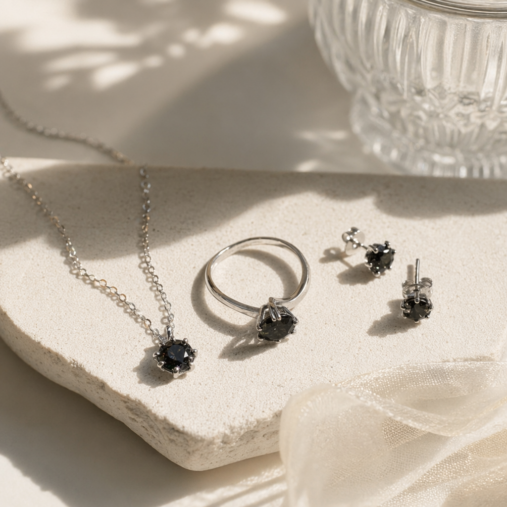 A three-piece all-silver set of necklace, ring and stud earrings details Picture