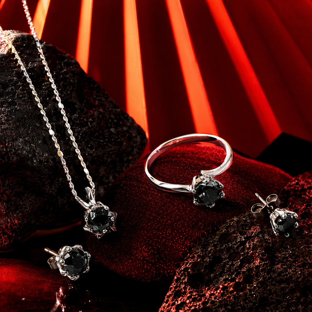A three-piece all-silver set of necklace, ring and stud earrings Specification image