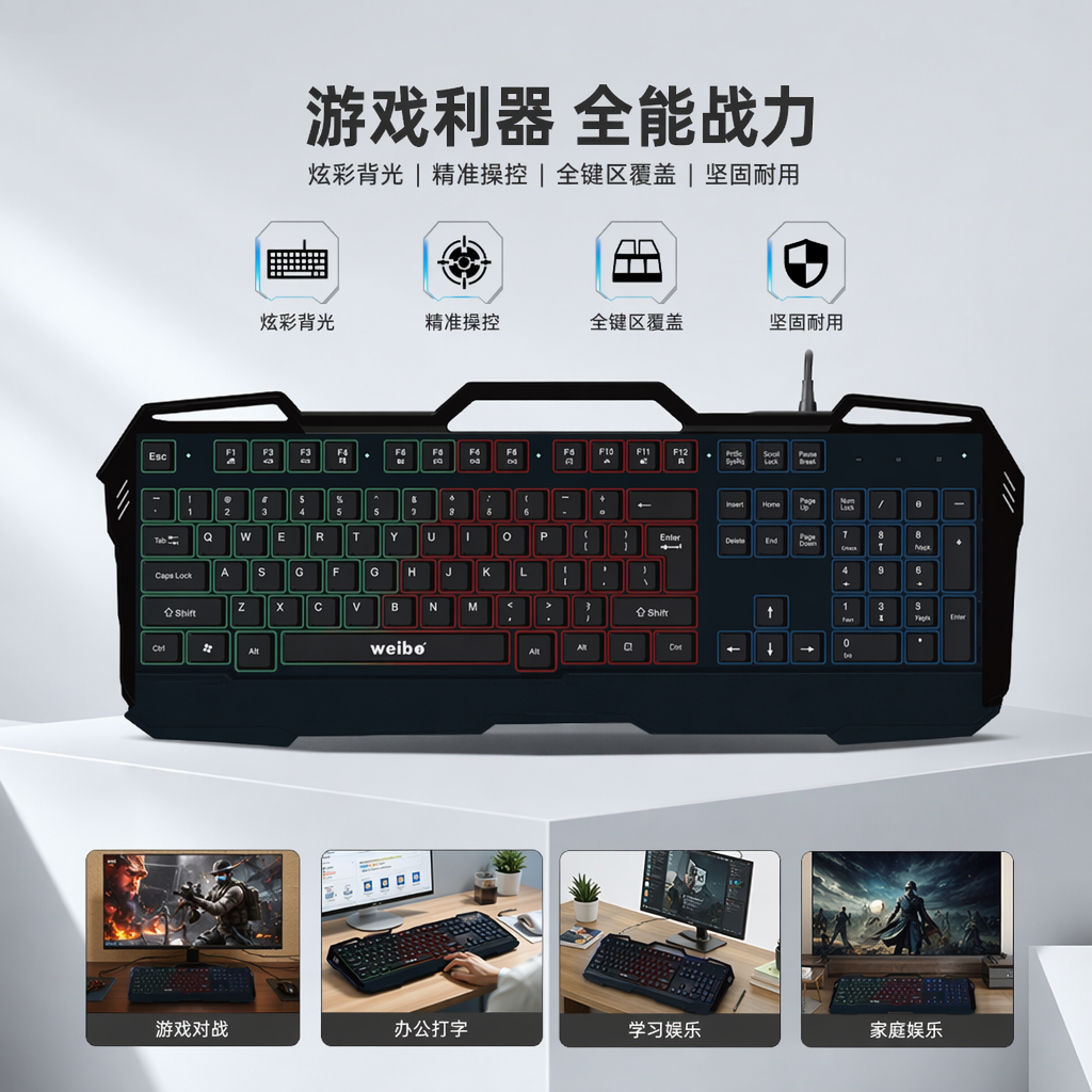 黑色机械游戏键盘 RGB背光 有线电竞键盘