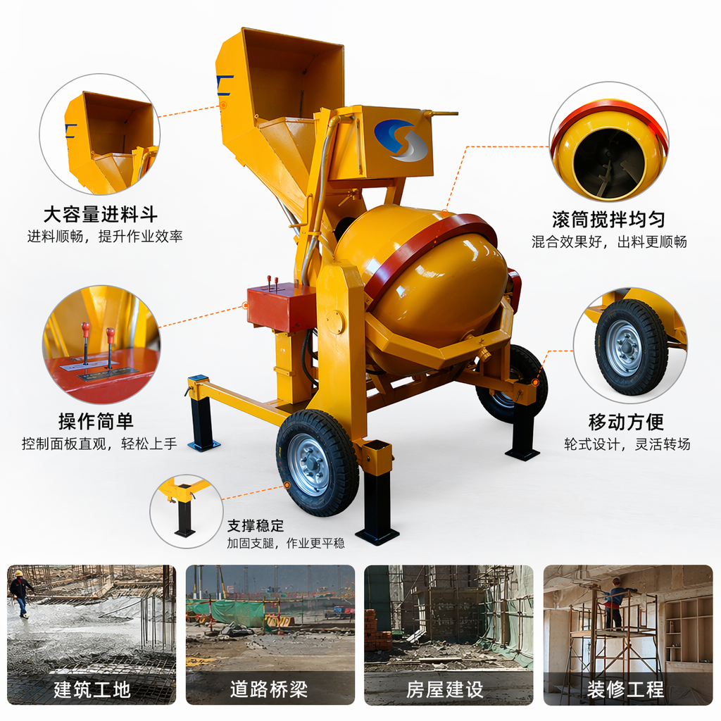 Yellow concrete mixer, small portable electric mixer, suitable for household use on construction sites