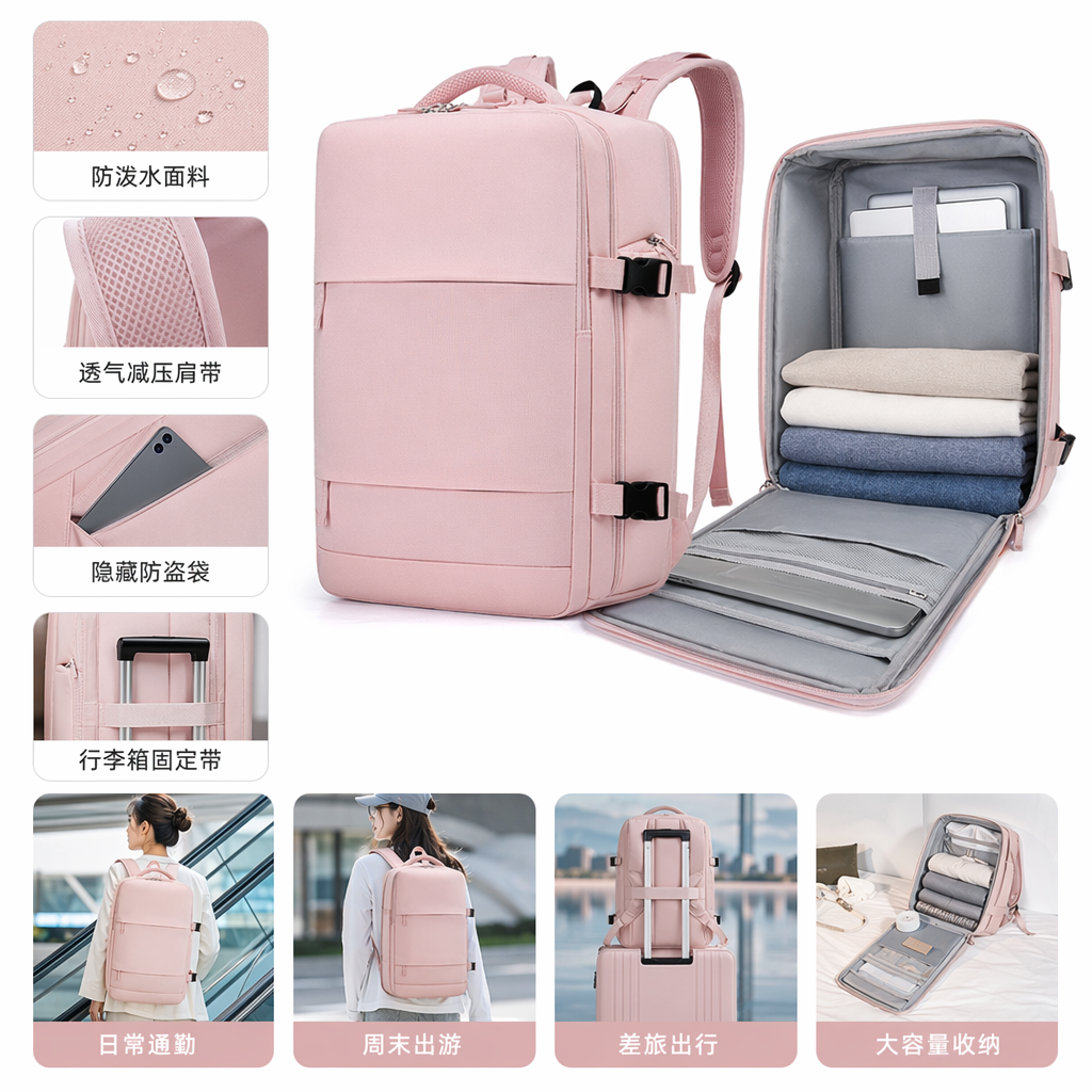 粉色牛津布防泼水双肩背包轻便通勤旅行学生包图