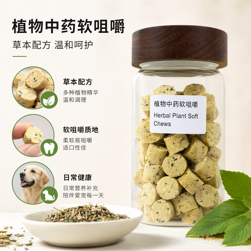 透明玻璃罐装植物中药软咀嚼块 配深棕色木盖 米黄色带黑点图