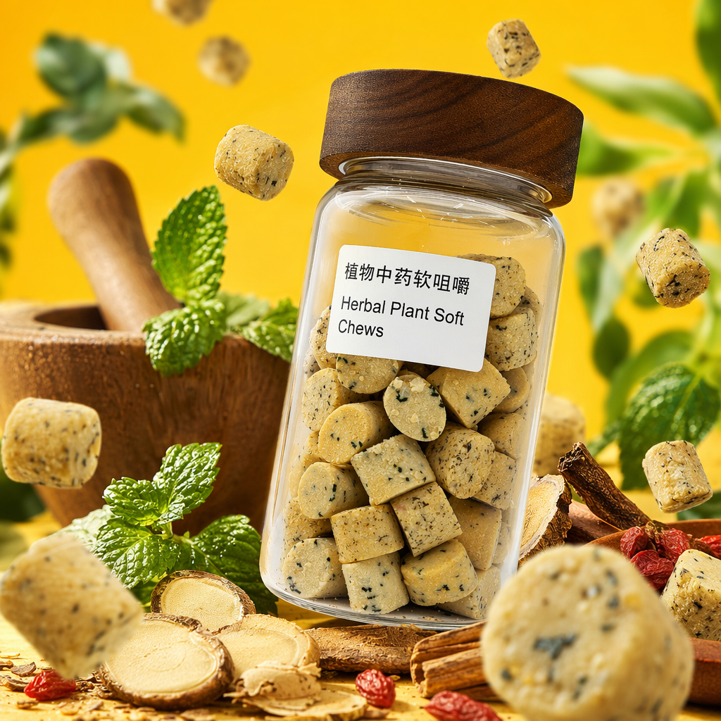 透明玻璃罐+植物中药软咀嚼，罐配深棕色木盖，内装米黄色带黑点碎屑的软咀嚼块细节图