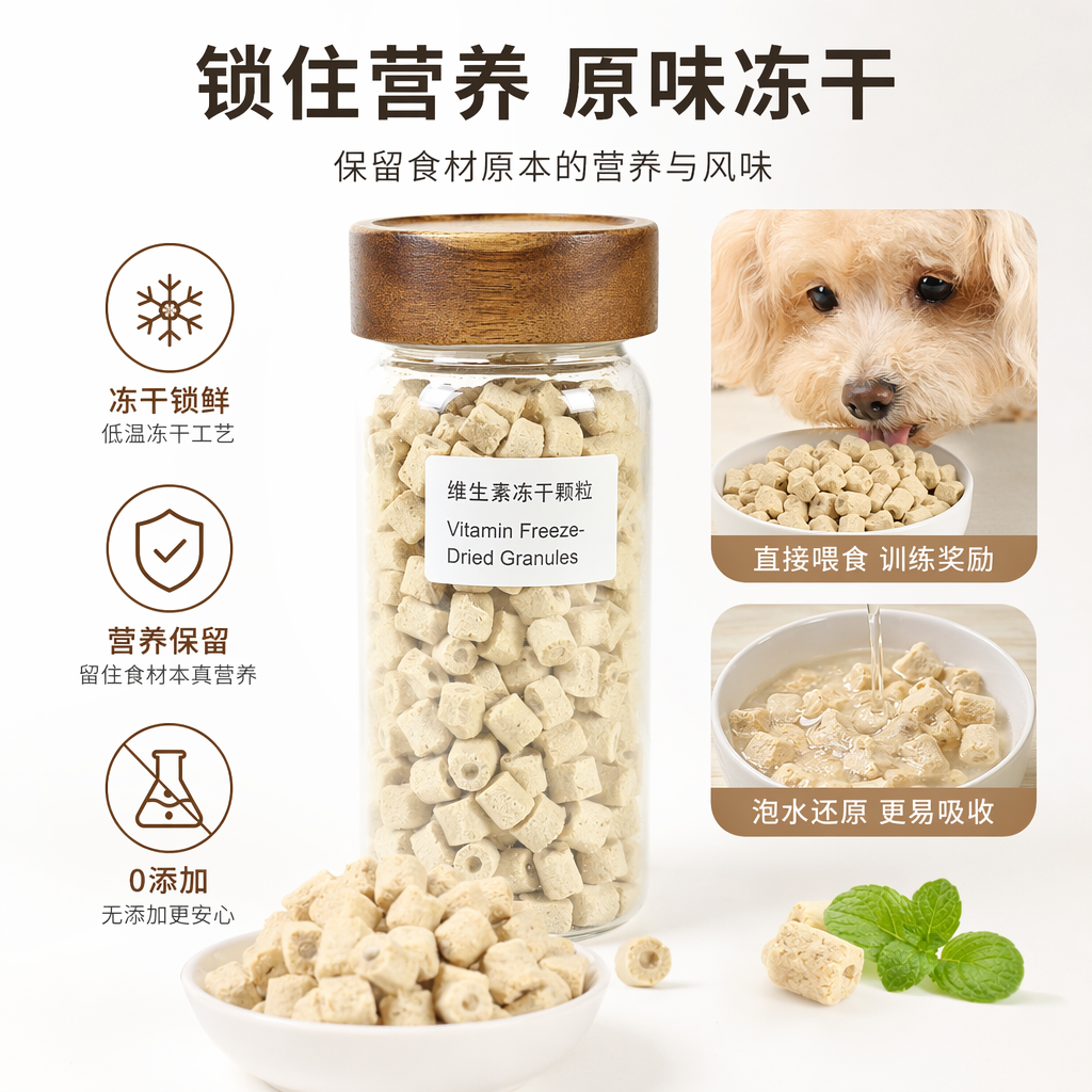 Transparent glass canned vitamin freeze-dried granules are portable, sealed and fresh-keeping nutritional supplements