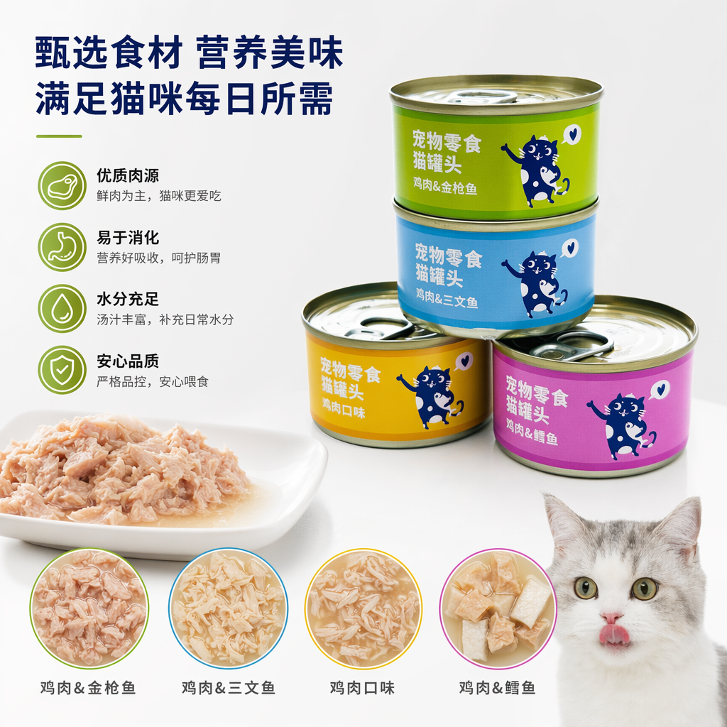 彩色猫罐头食品堆叠装营养均衡猫咪主食湿粮