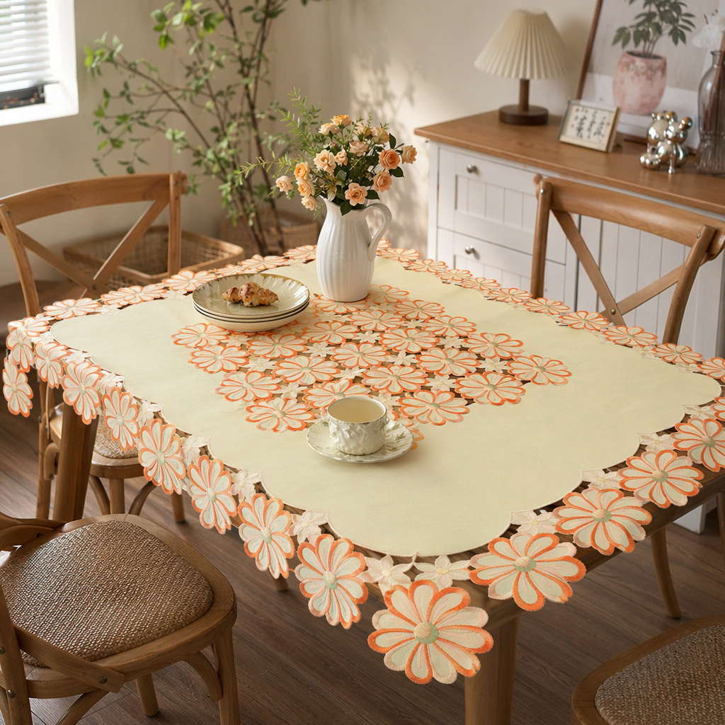 Yellow flower-embroidered tablecloth, a Nordic-style home decoration, can be used for refrigerators, washing machines, TVS, sofas, and backrest towels details Picture
