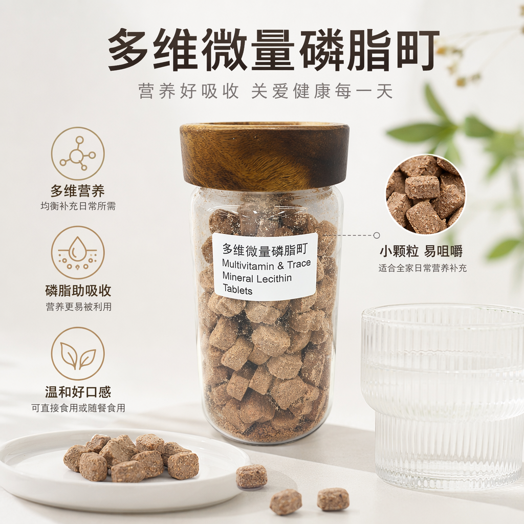 透明玻璃罐装木质盖多维微量磷脂叮棕色小方块片