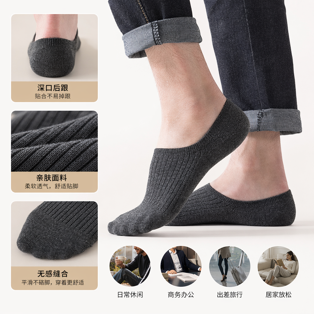 灰色针织船袜 透气吸汗纯棉混纺男女同款基础款