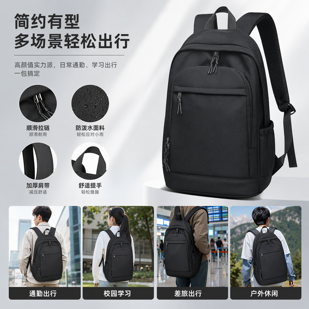 黑色双肩包尼龙防水通勤简约商务休闲背包