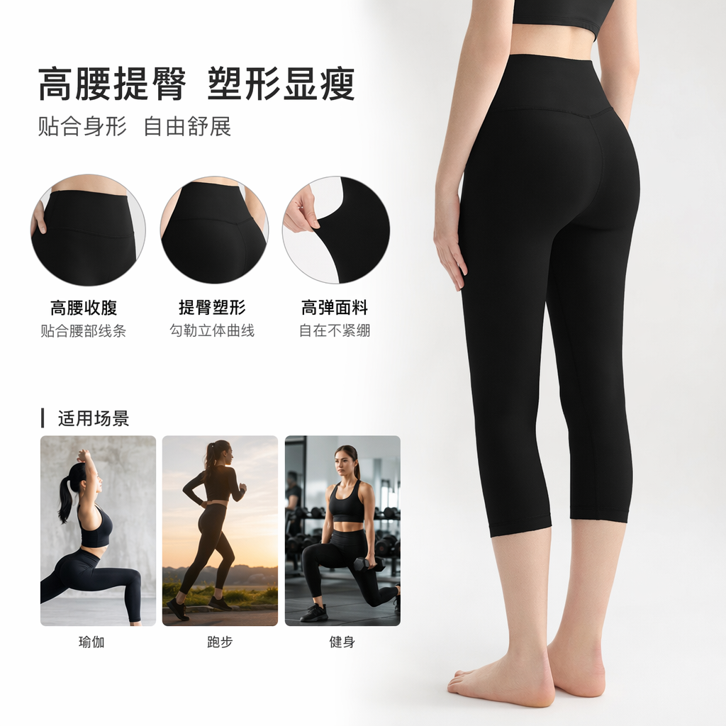 黑色七分瑜伽裤女高弹力显瘦模特同款运动健身 leggings