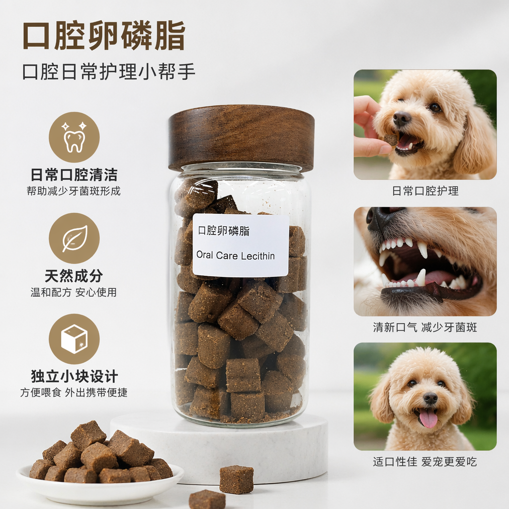 Transparent glass can, brown wooden cap, Oral Care Lecithin, brown cubic granules