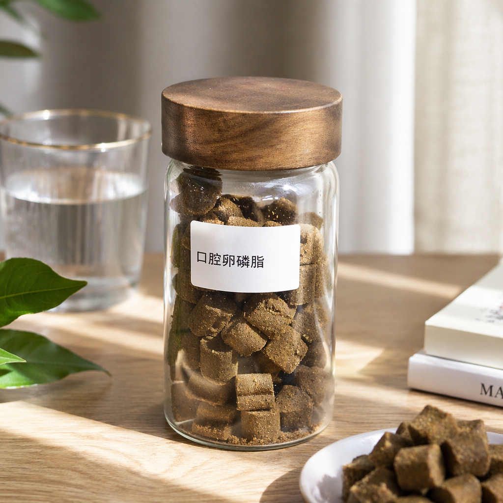 Transparent glass can, brown wooden cap, Oral Care Lecithin, brown cubic granules details Picture
