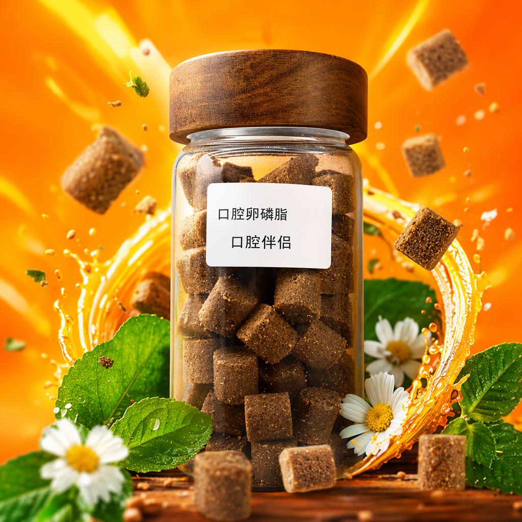 Transparent glass can, brown wooden cap, Oral Care Lecithin, brown cubic granules Specification image