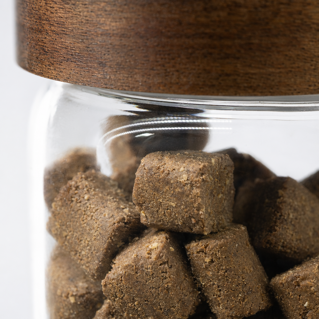 Transparent glass can, brown wooden cap, Oral Care Lecithin, brown cubic granules Application Scenario