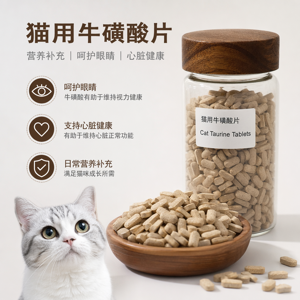 Transparent glass bottle with wooden cap, taurine tablets for cats, pet nutritional supplement