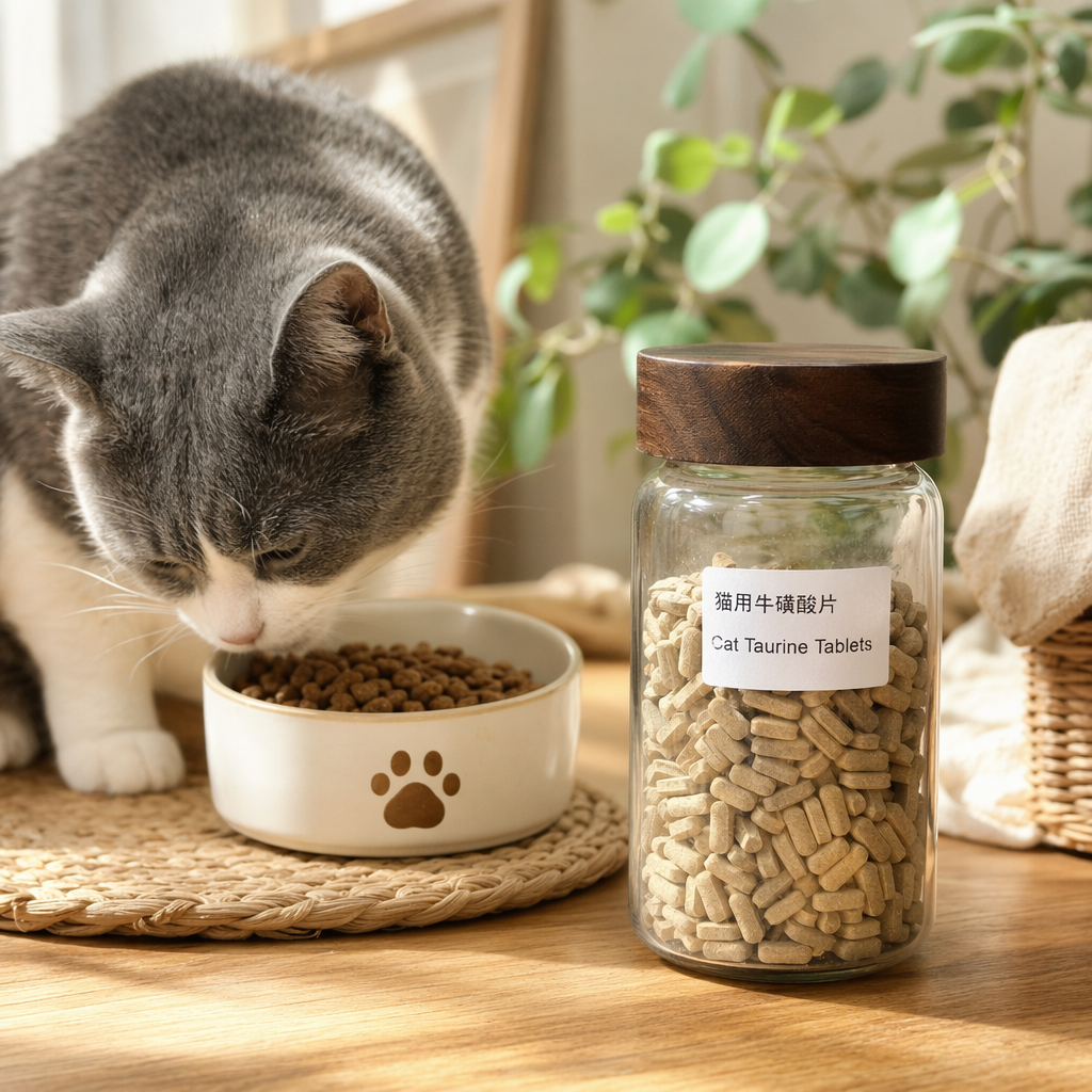 Transparent glass bottle with wooden cap, taurine tablets for cats, pet nutritional supplement details Picture