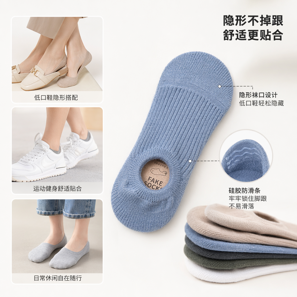 六双彩色船袜纯棉吸汗防滑男女同款