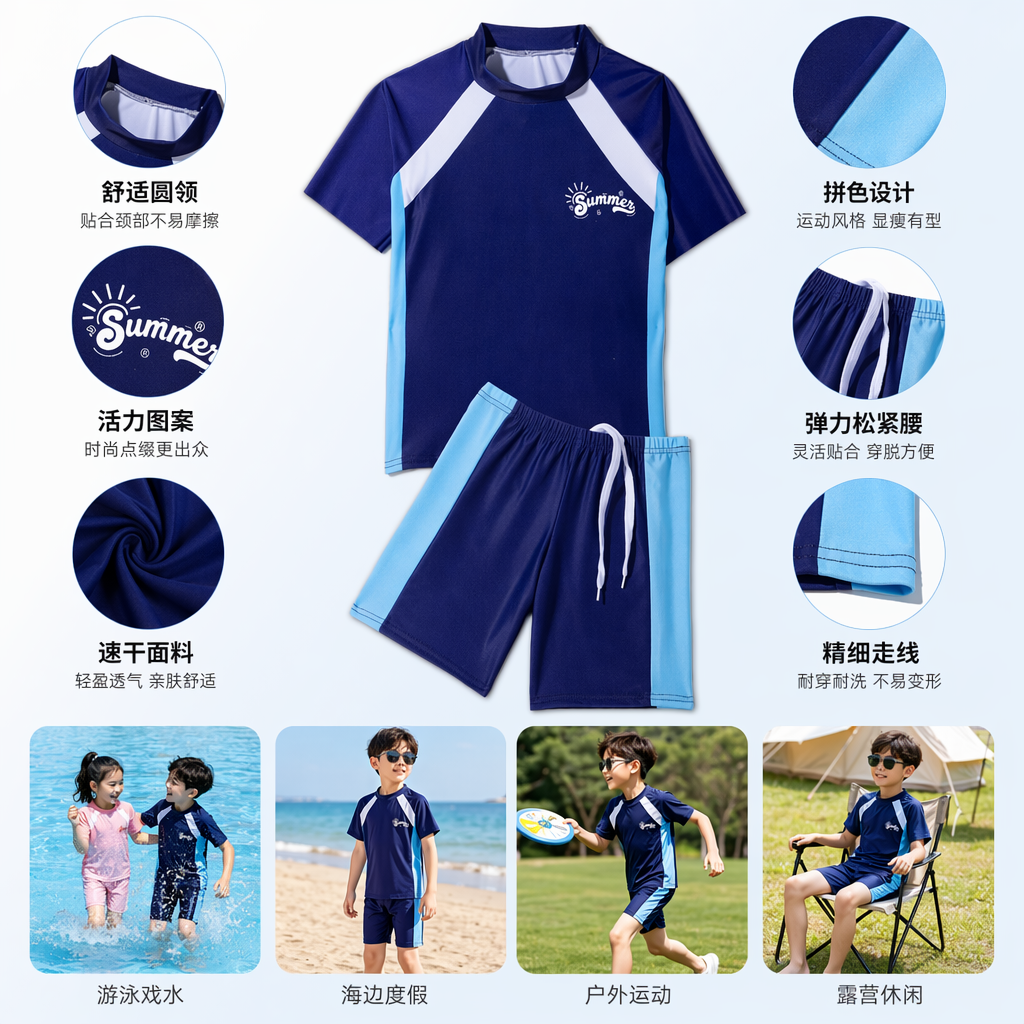 深蓝色拼浅蓝色运动泳衣套装女速干防晒连体分体可选