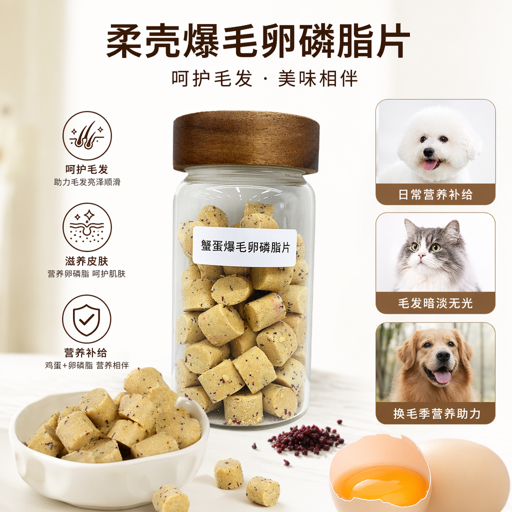 A transparent glass jar with a wooden lid contains soft-shelled turtle eggs, soft shell lecithin, soft-shelled turtle egg coating, and enhanced tablets in light yellow blocks